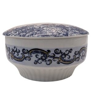 Vintage Altenkunstadt Trinket Box Granada Blue and White Ships and Scrolls Round